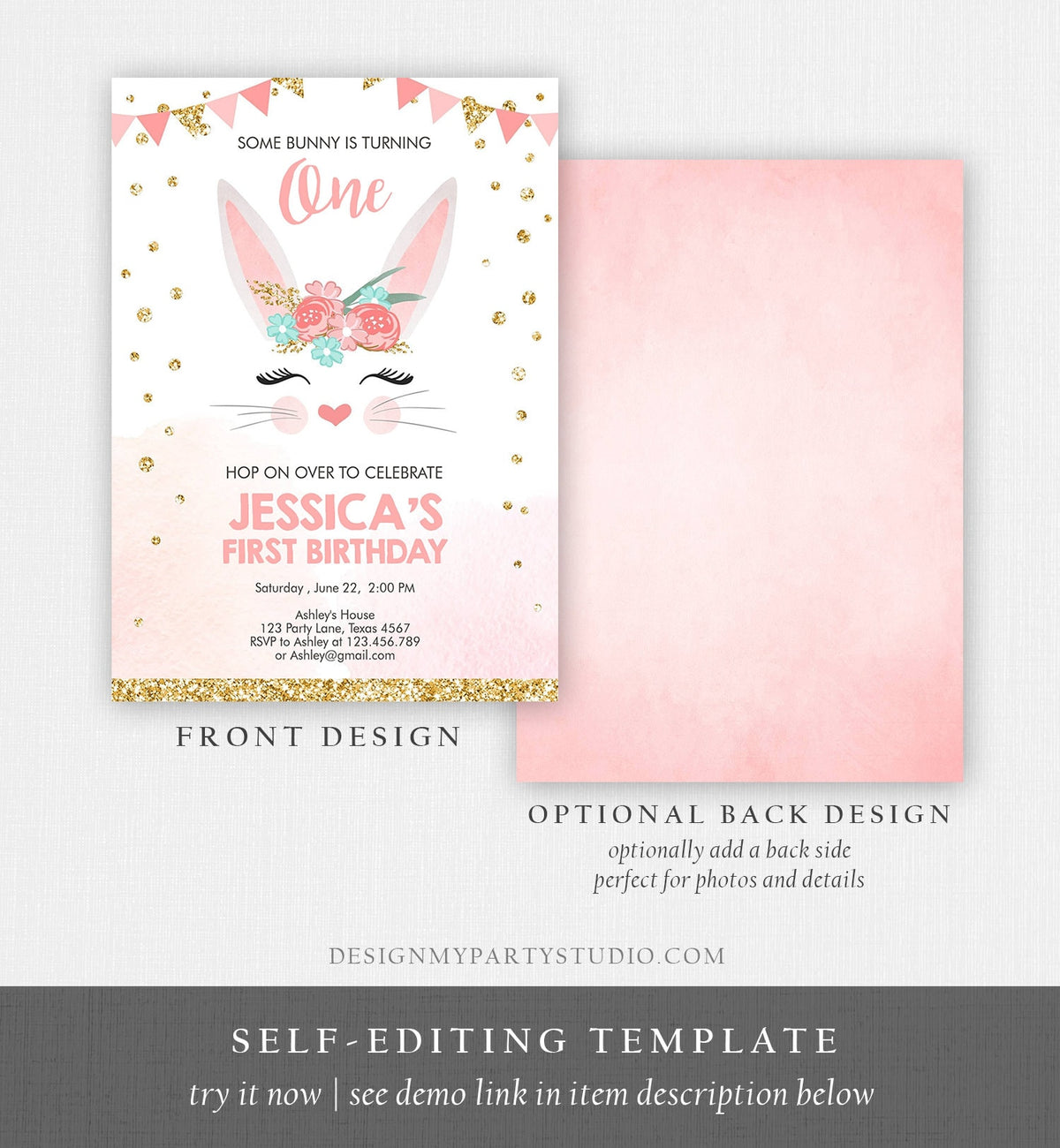 Editable Bunny Birthday Invitation Girl Birthday Pink Gold Floral Bunny Face Spring Birthday Easter Printable Template Download Corjl 0238