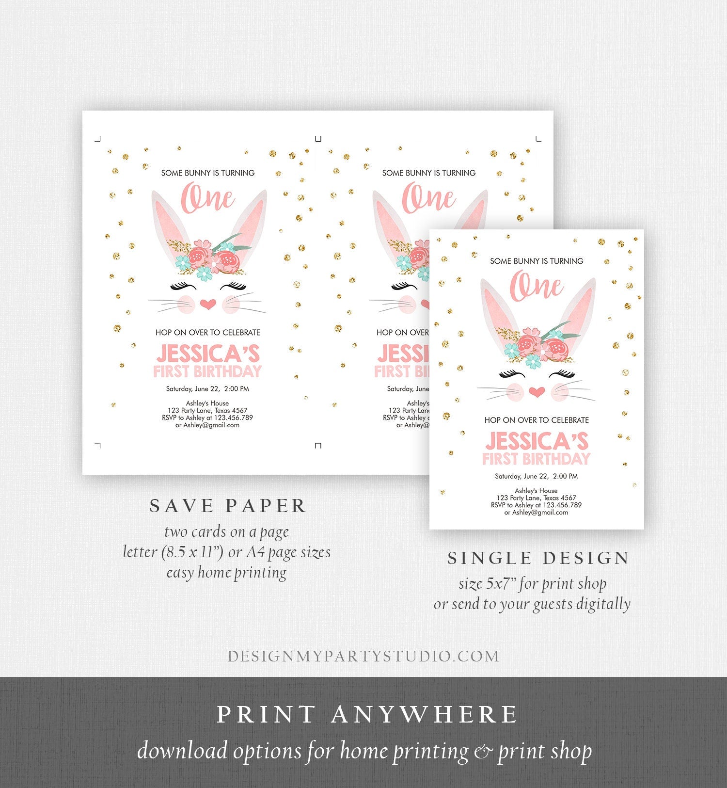 Editable Bunny Birthday Invitation Girl Birthday Pink Gold Floral Bunny Face Spring Birthday Easter Printable Template Download Corjl 0238