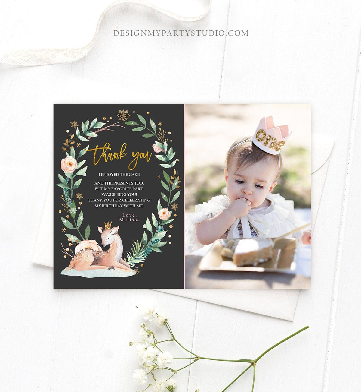 Editable Winter ONEderland Birthday Invitation Deer First Birthday Snowflakes Girl Pink Gold Foil Printable Invitation Template Corjl 0265