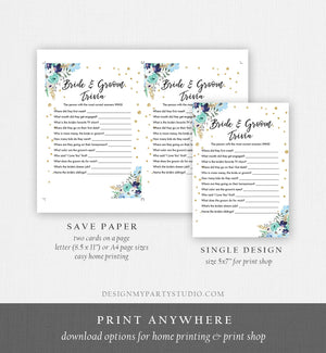 Editable Bride and Groom Trivia Bridal Shower Game Floral Blue Gold Confetti What Did He or She Said Download Corjl Template Printable 0030