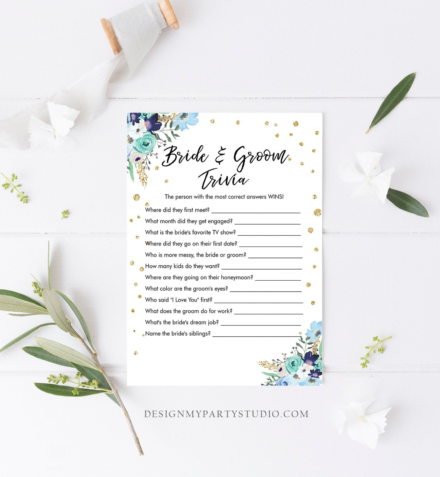 Editable Bride and Groom Trivia Bridal Shower Game Floral Blue Gold Confetti What Did He or She Said Download Corjl Template Printable 0030