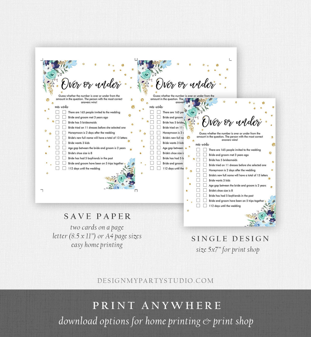 Editable Over or Under Bridal Shower Game Floral Greenery Flowers Blue Gold Confetti Hens Night Guessing Pink Flowers Corjl Template 0030