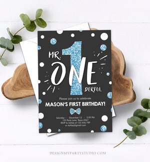 Editable Mr Onederful Birthday Invitation Black and Blue Boy Bow Tie Confetti 1st Birthday Download Printable Template Digital Corjl 0072