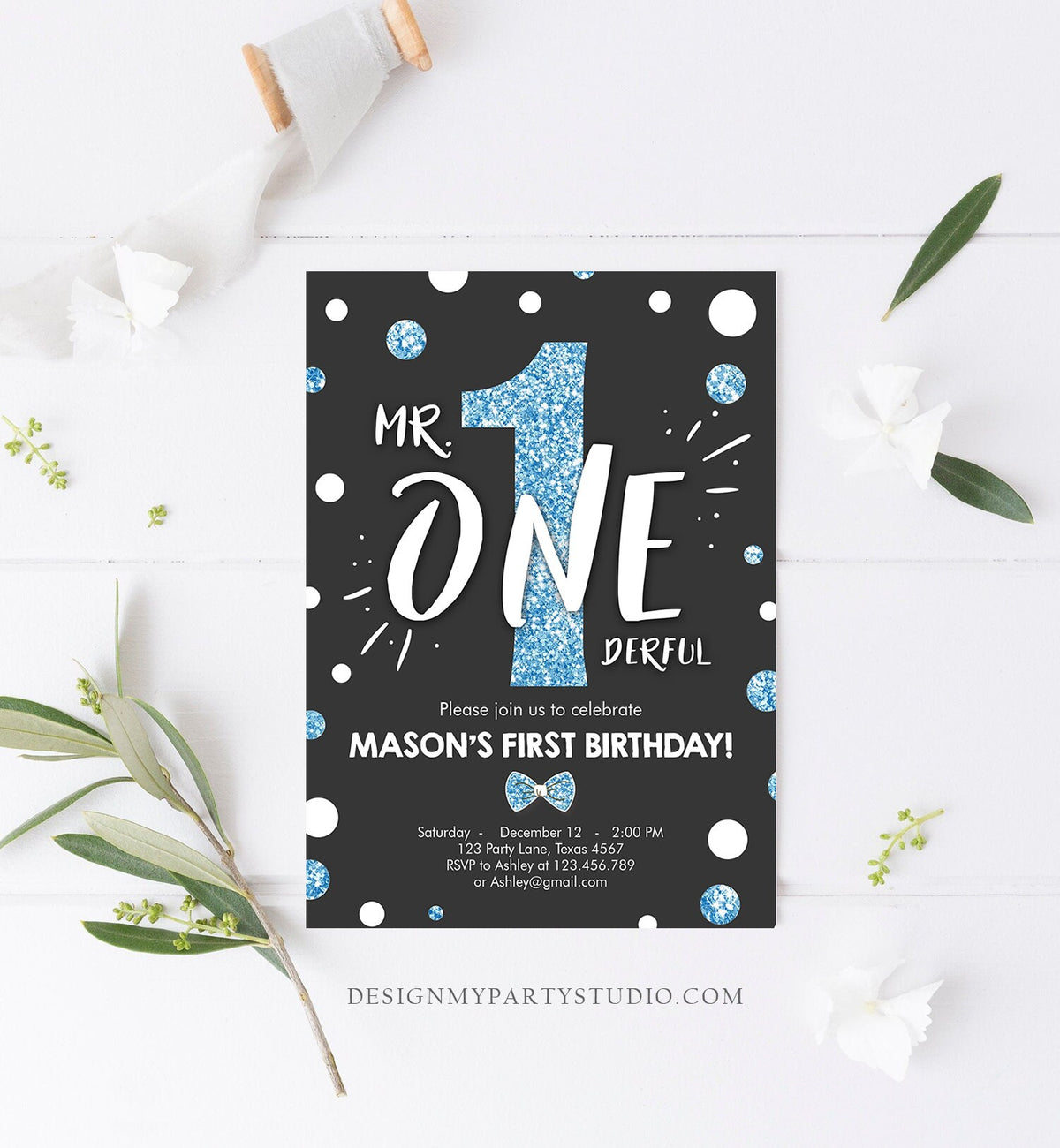 Editable Mr Onederful Birthday Invitation Black and Blue Boy Bow Tie Confetti 1st Birthday Download Printable Template Digital Corjl 0072