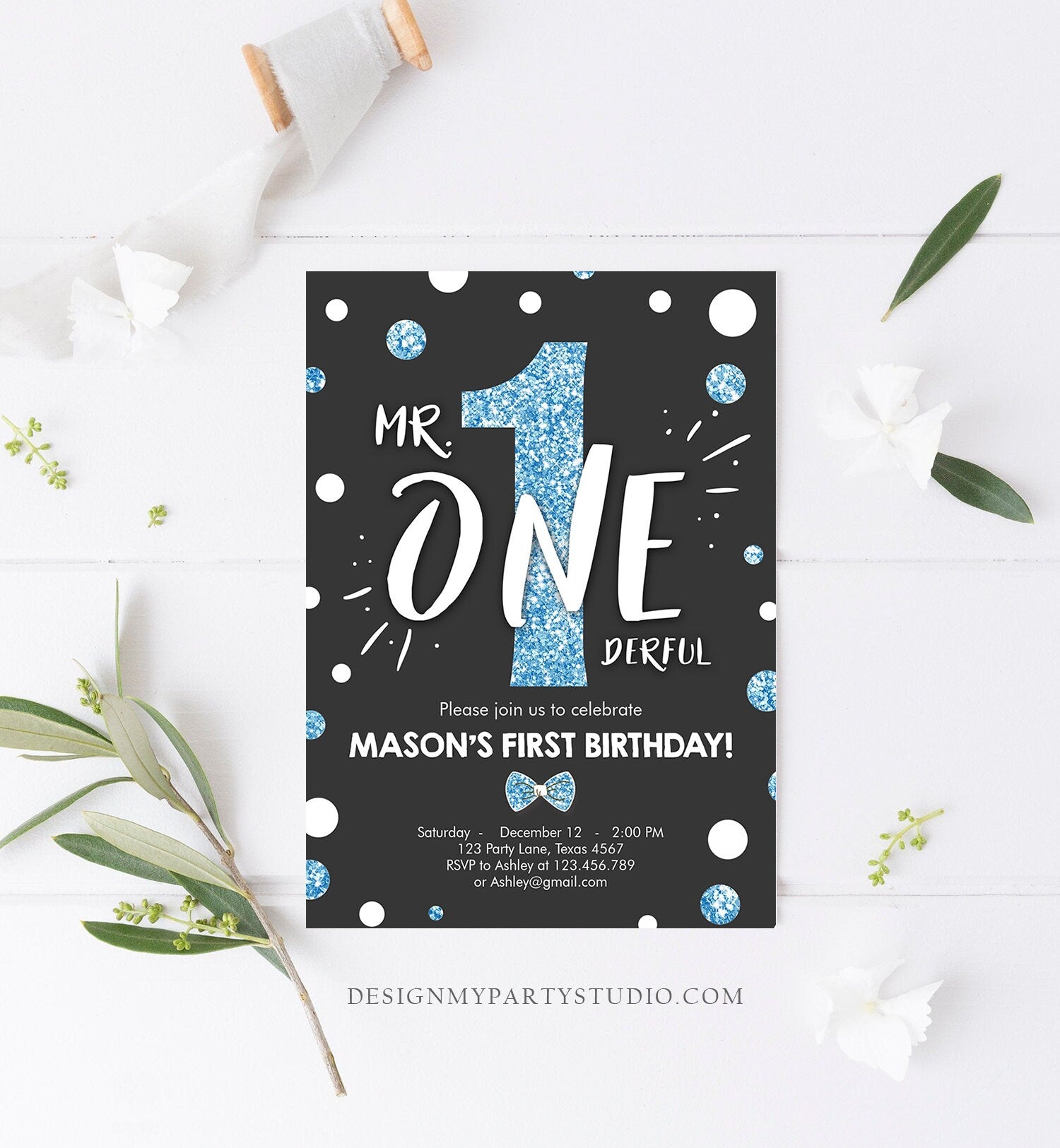 Editable Mr Onederful Birthday Invitation Black and Blue Boy Bow Tie Confetti 1st Birthday Download Printable Template Digital Corjl 0072