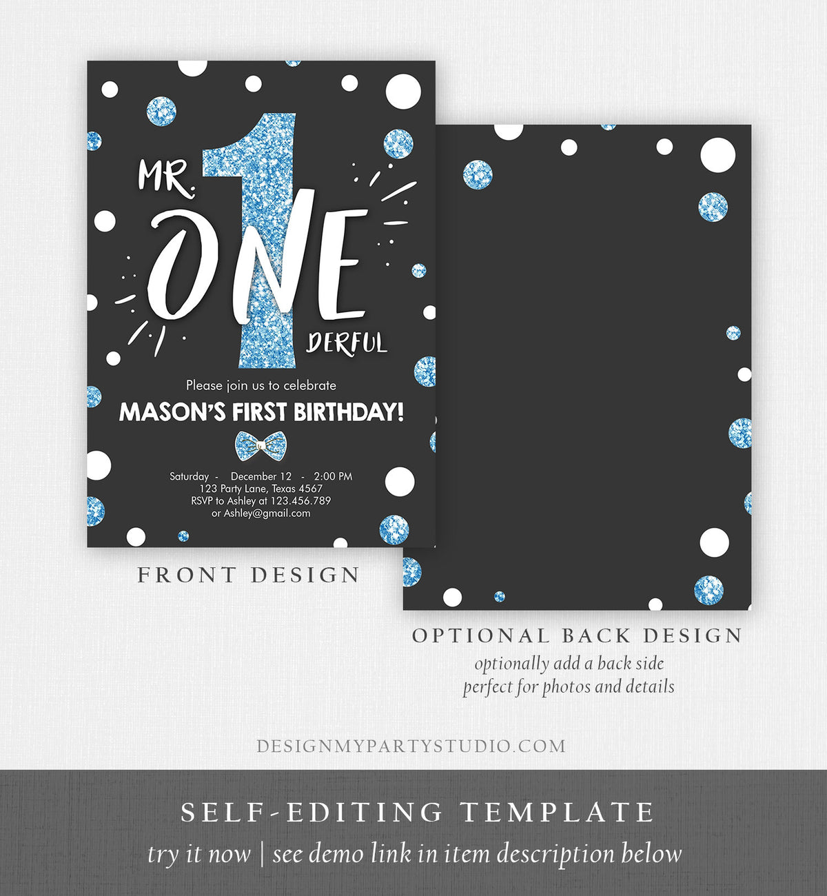 Editable Mr Onederful Birthday Invitation Black and Blue Boy Bow Tie Confetti 1st Birthday Download Printable Template Digital Corjl 0072