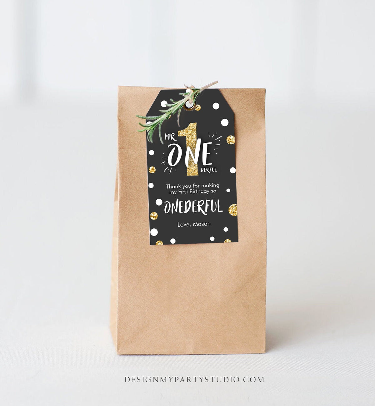 Editable Mr. Onederful Favor Tags Tags Birthday Thank you tags Black and Gold Bow Boy First Birthday Tags Template Corjl PRINTABLE 0072