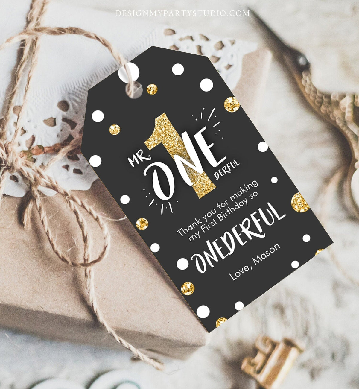 Editable Mr. Onederful Favor Tags Tags Birthday Thank you tags Black and Gold Bow Boy First Birthday Tags Template Corjl PRINTABLE 0072