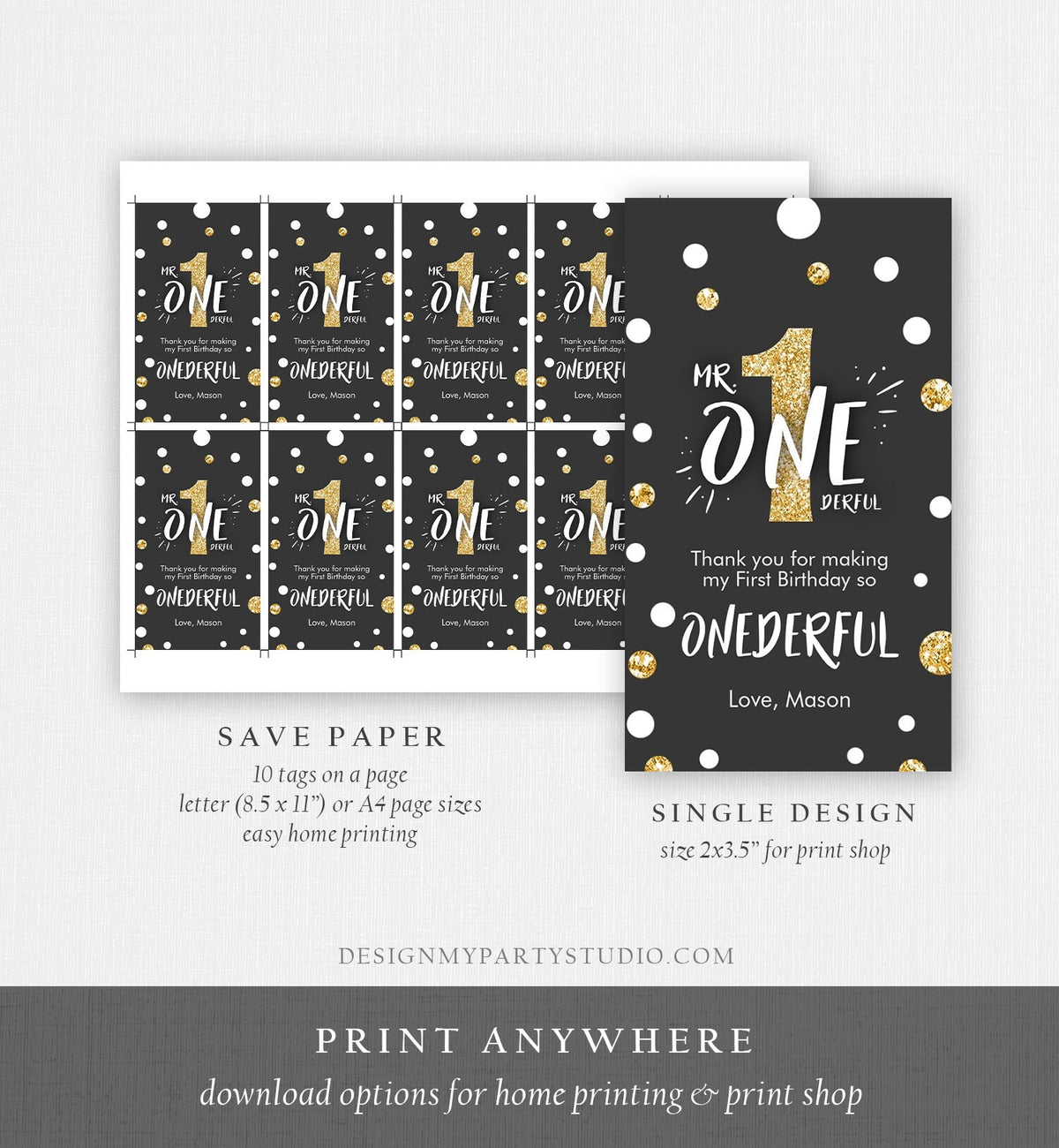 Editable Mr. Onederful Favor Tags Tags Birthday Thank you tags Black and Gold Bow Boy First Birthday Tags Template Corjl PRINTABLE 0072