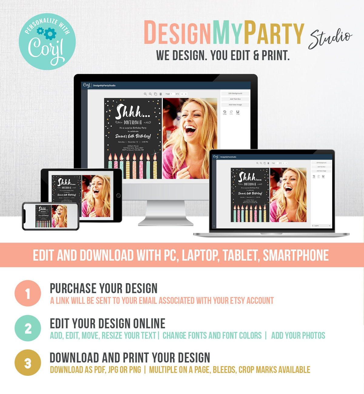 Editable Candles Surprise Birthday Invitation Shhh It&#39;s A Surprise Party 30th 40th 50th 60th Adult Download Corjl Template Printable 0277