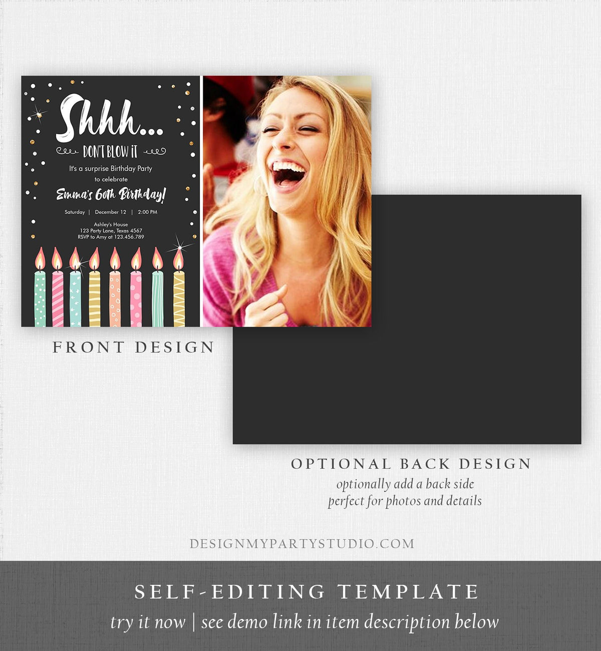 Editable Candles Surprise Birthday Invitation Shhh It&#39;s A Surprise Party 30th 40th 50th 60th Adult Download Corjl Template Printable 0277