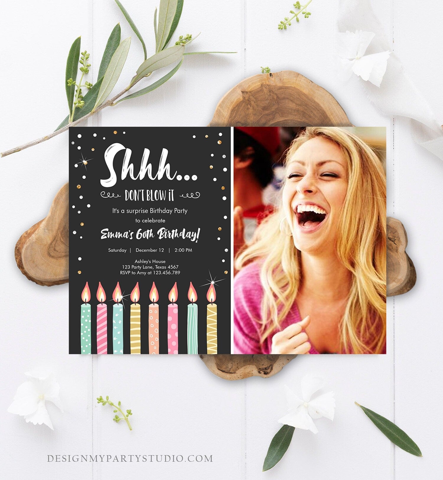 Editable Candles Surprise Birthday Invitation Shhh It's A Surprise Party 30th 40th 50th 60th Adult Download Corjl Template Printable 0277