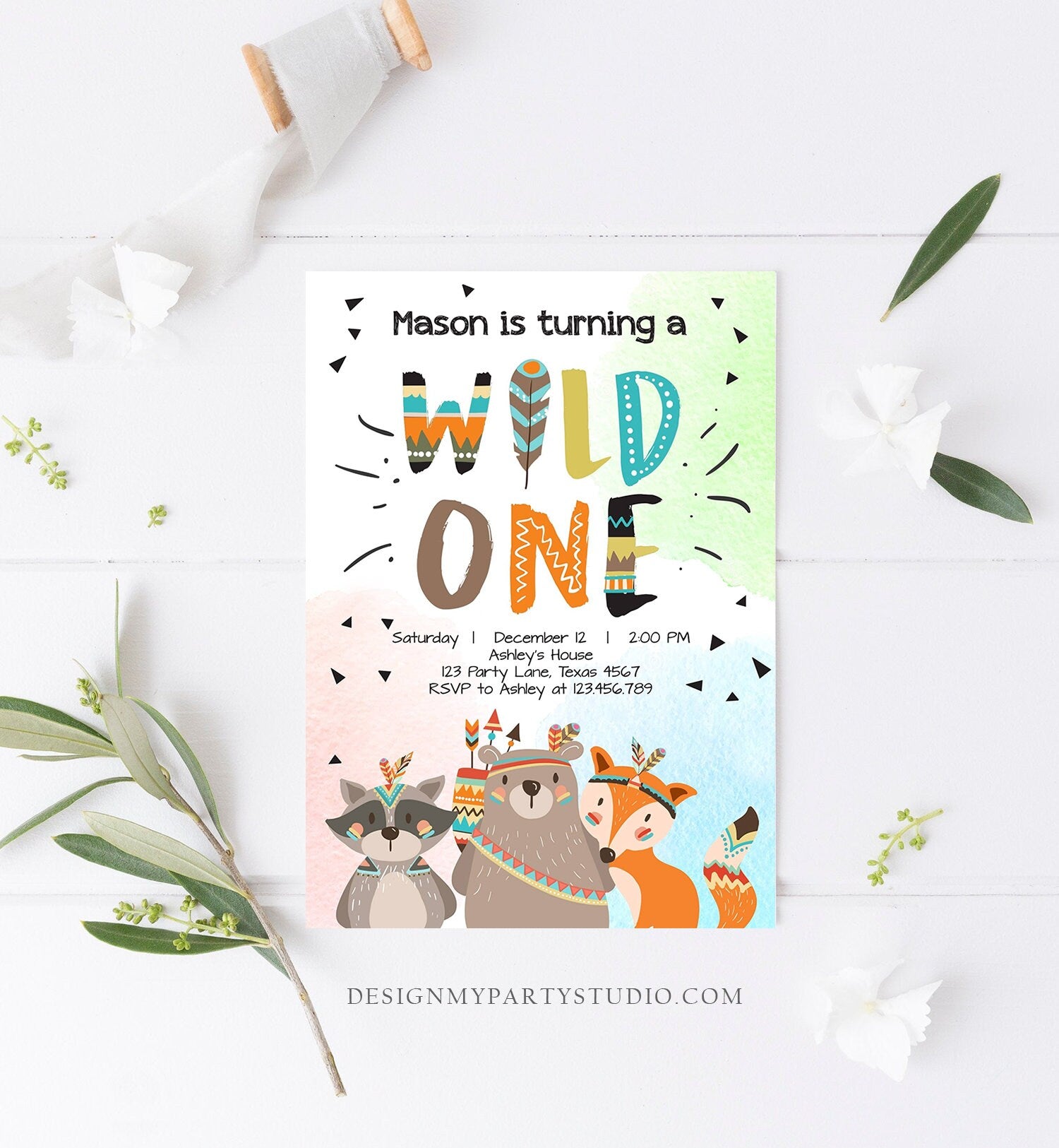 Editable Tribal Woodland Wild One First Birthday Invitation Boho Woodland Animals Boy Instant Download Printable Template Corjl Digital 0061
