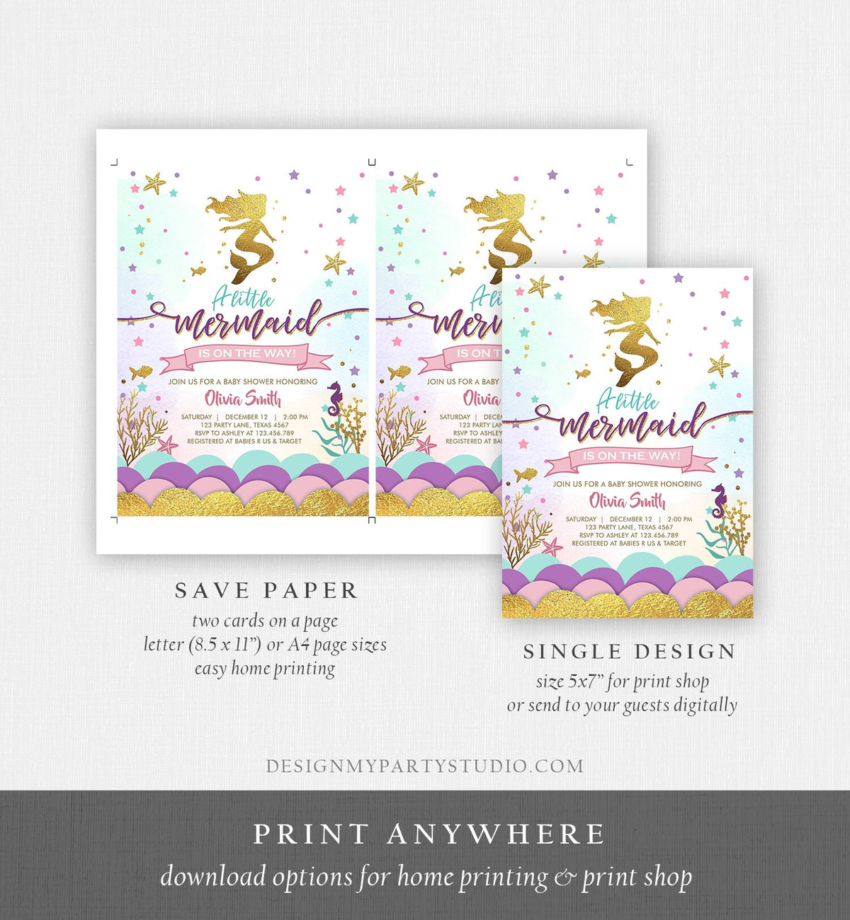 Editable Little Mermaid on the Way Baby Shower Invitation Under The Sea Sprinkle Girl Pink Purple Gold 1st Corjl Template Printable 0076
