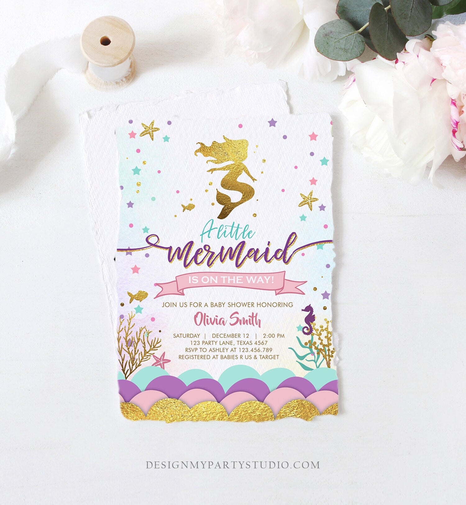 Editable Little Mermaid on the Way Baby Shower Invitation Under The Sea Sprinkle Girl Pink Purple Gold 1st Corjl Template Printable 0076