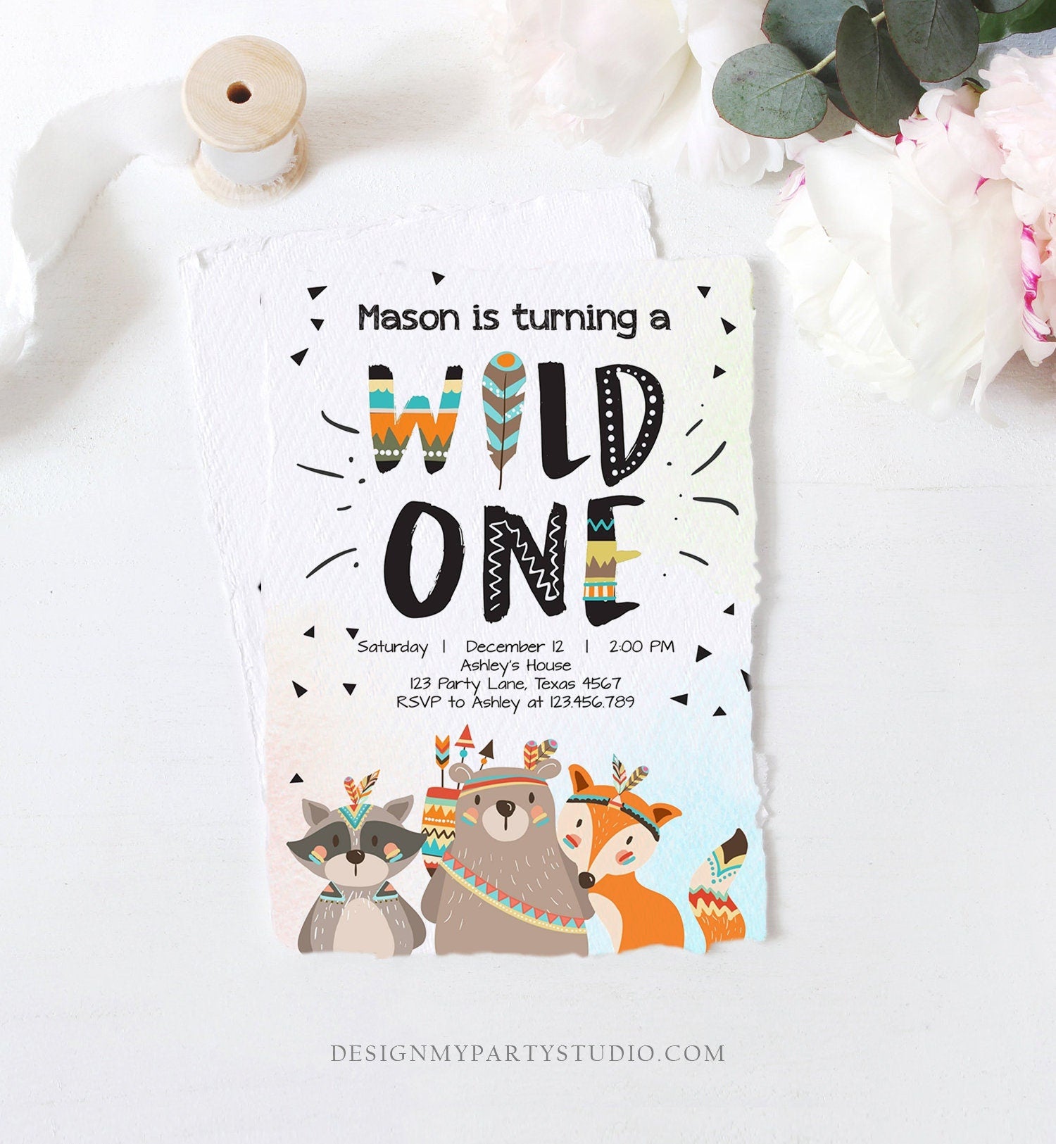 Editable Woodland Tribal Wild One First Birthday Invitation Bear Woodland Animals Boy Instant Download Printable Template Corjl Digital 0061