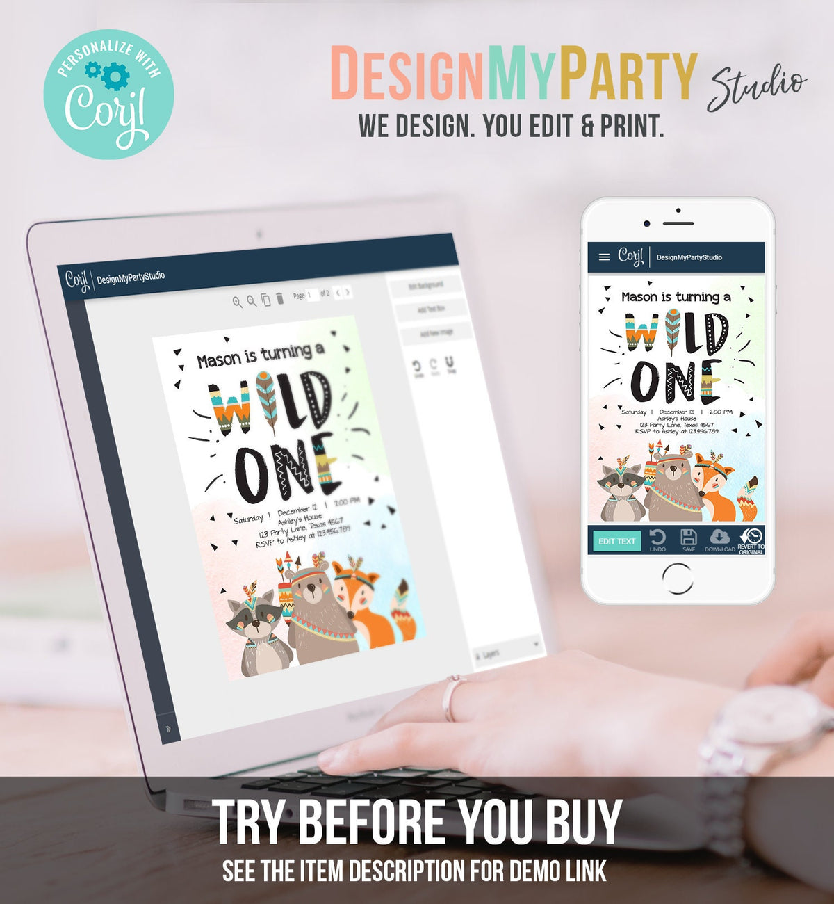 Editable Woodland Tribal Wild One First Birthday Invitation Bear Woodland Animals Boy Instant Download Printable Template Corjl Digital 0061