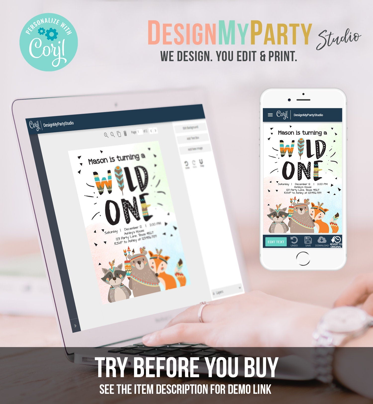 Editable Woodland Tribal Wild One First Birthday Invitation Bear Woodland Animals Boy Instant Download Printable Template Corjl Digital 0061