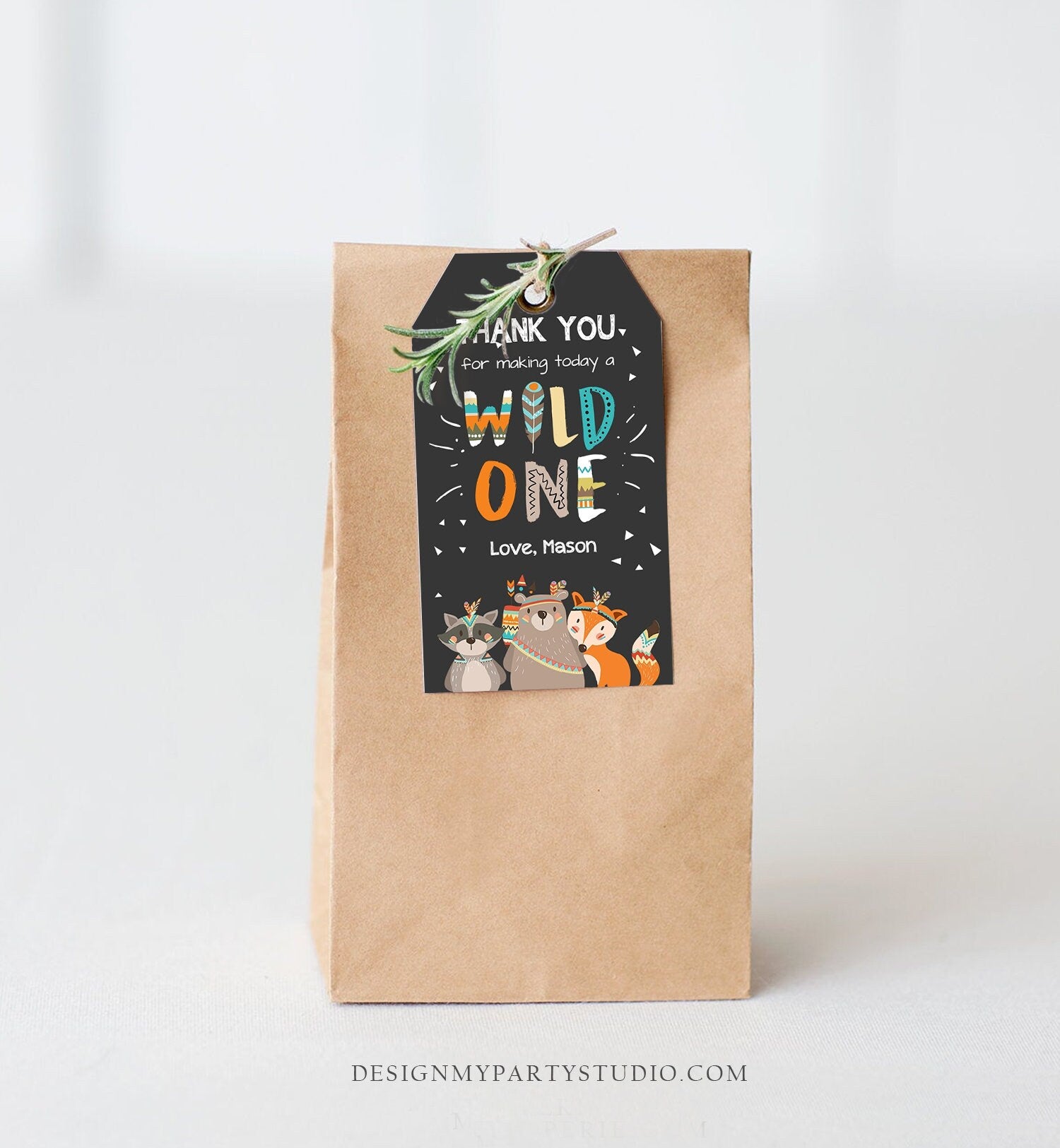 Editable Wild One Favor Tags Tags Tribal Woodland Birthday Thank you tags Woodland Animals Bear Boho Wild One Template Corjl PRINTABLE 0061