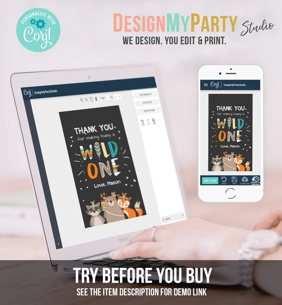 Editable Wild One Favor Tags Tags Tribal Woodland Birthday Thank you tags Woodland Animals Bear Boho Wild One Template Corjl PRINTABLE 0061