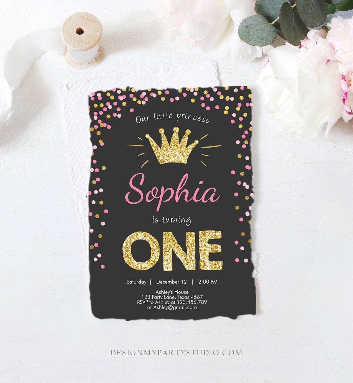 Editable Little Princess Birthday Invitation Girl Pink Gold First Birthday 1st ANY AGE Confetti Crown Download Corjl Template Printable 0047