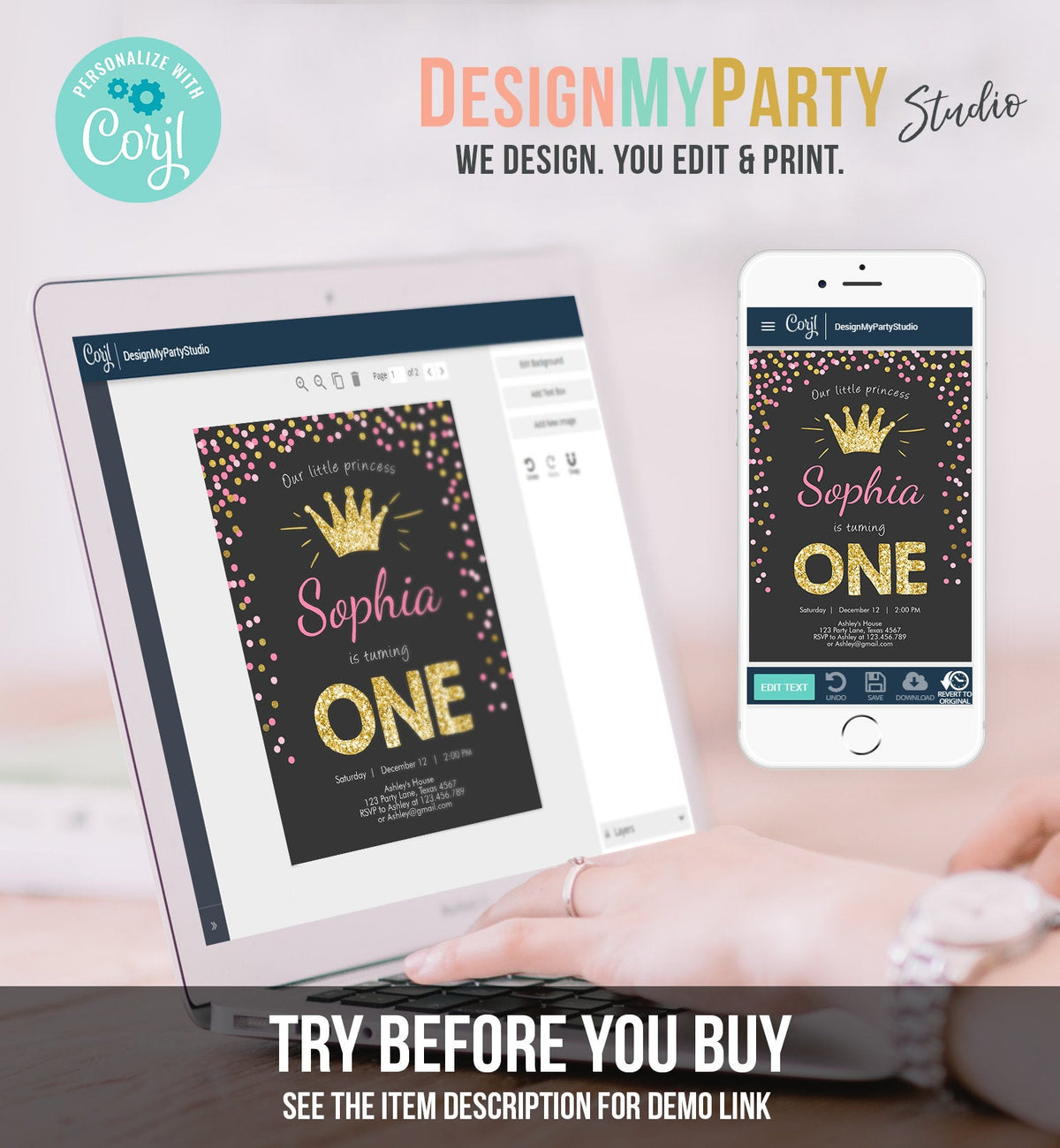 Editable Little Princess Birthday Invitation Girl Pink Gold First Birthday 1st ANY AGE Confetti Crown Download Corjl Template Printable 0047