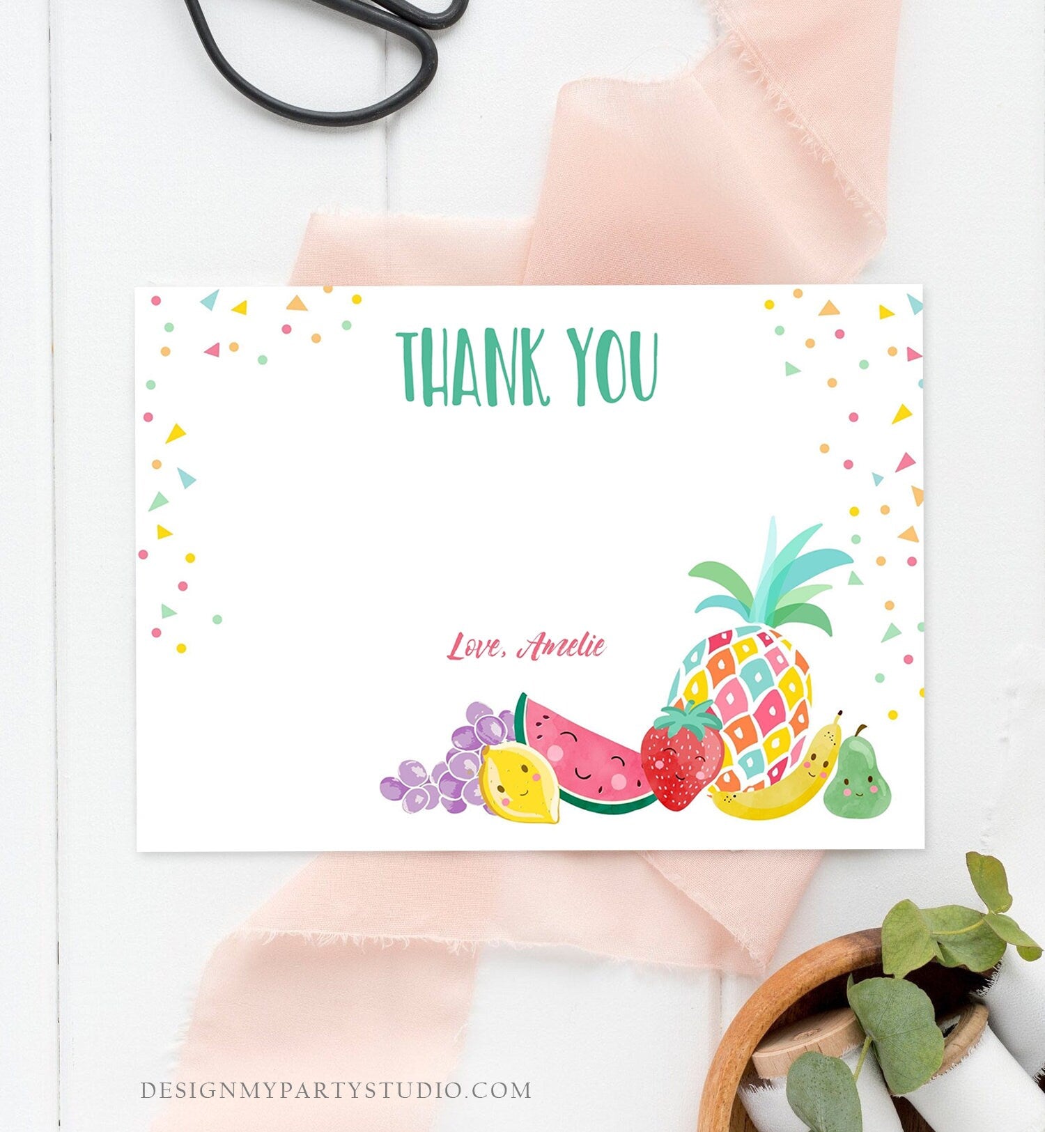 Editable Twotti Frutti Thank You Card Fruit Birthday Tutti Frutty Birthday Girl Summer Fruit Download Printable Template Digital Corjl 0139