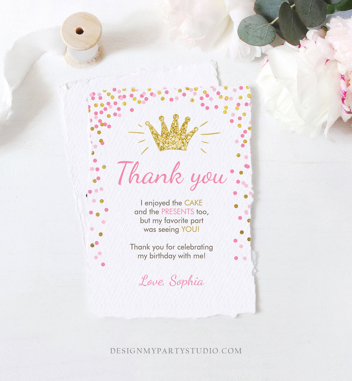 Editable Princess Thank You Card Girl Pink Gold Crown Birthday Thank You Note Royal First Birthday Digital Corjl Template Printable 0047
