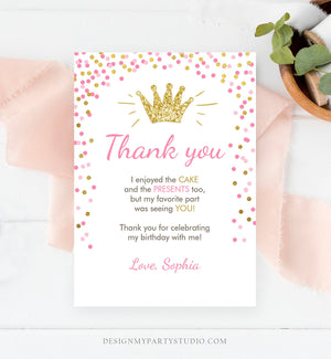 Editable Princess Thank You Card Girl Pink Gold Crown Birthday Thank You Note Royal First Birthday Digital Corjl Template Printable 0047