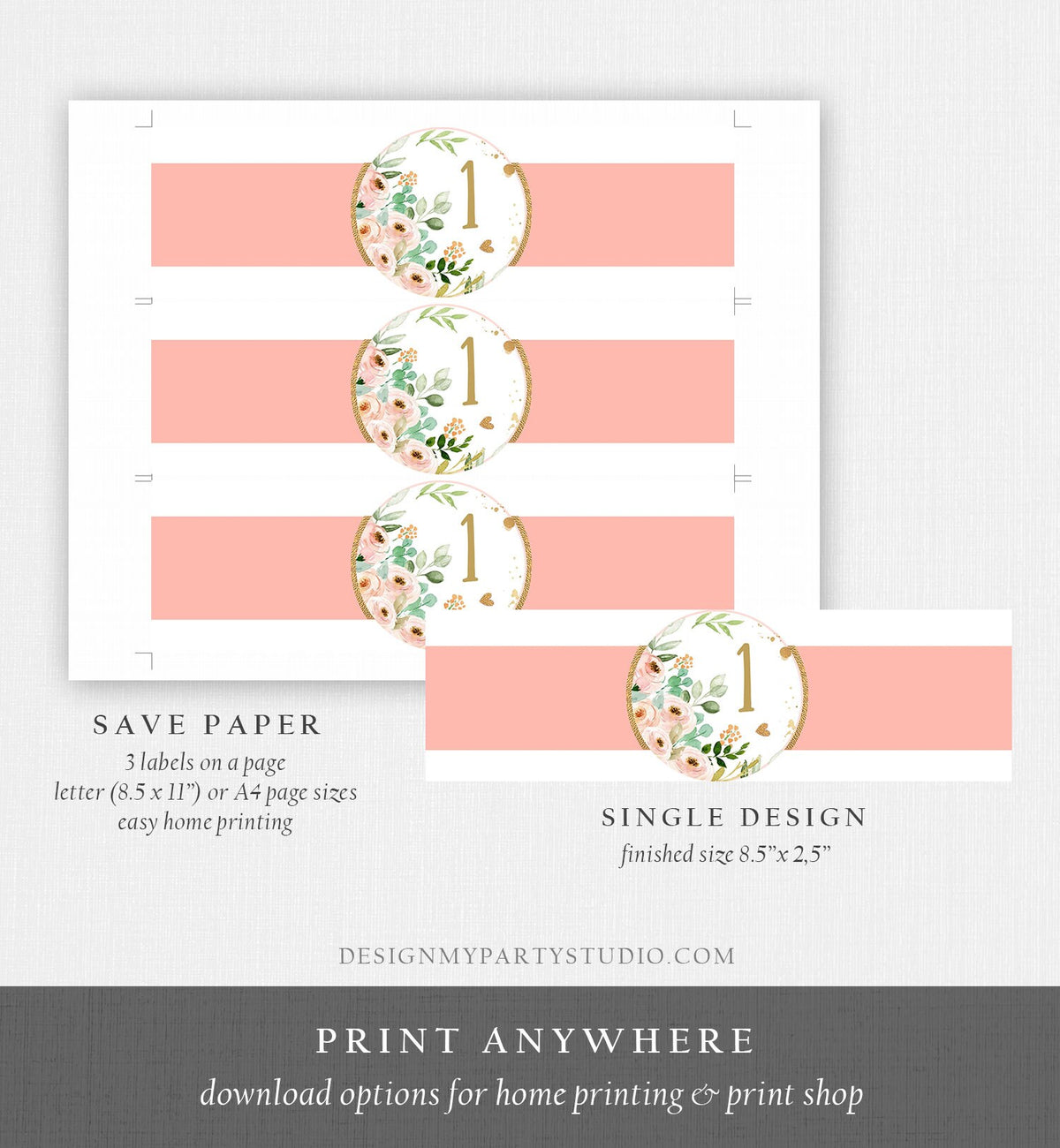 Editable Milk Bottle Label Girl Birthday Peonies Greenery Eucalyptus Pink and Gold Milk Jar Wrap Printable Onederful Corjl Template 0147