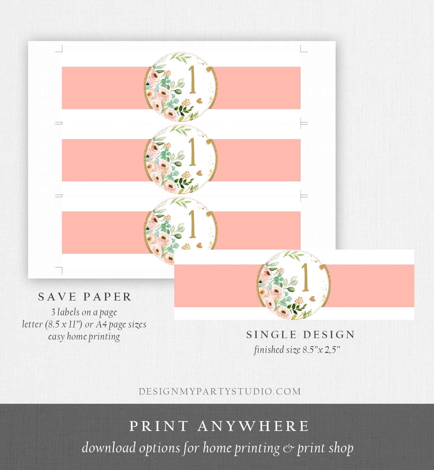 Editable Milk Bottle Label Girl Birthday Peonies Greenery Eucalyptus Pink and Gold Milk Jar Wrap Printable Onederful Corjl Template 0147