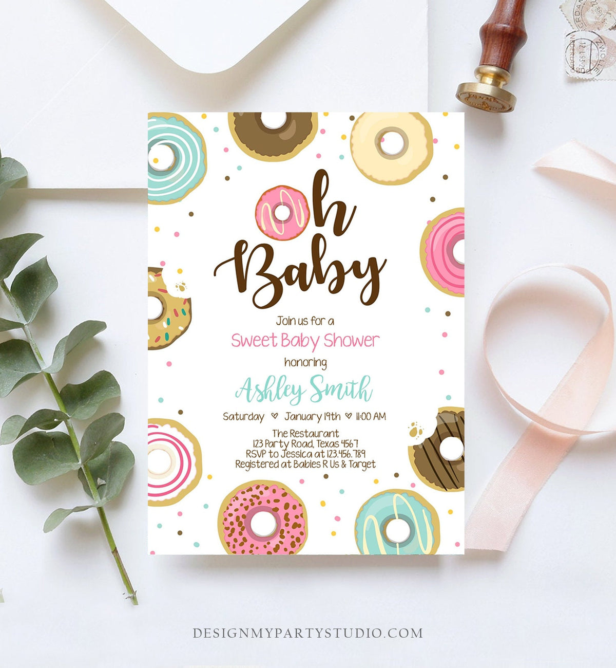 Editable Donut Baby Shower Invitation Oh Baby Coed Shower Doughnut Sweet Gender Neutral Pink Girl Download Corjl Template Printable 0050
