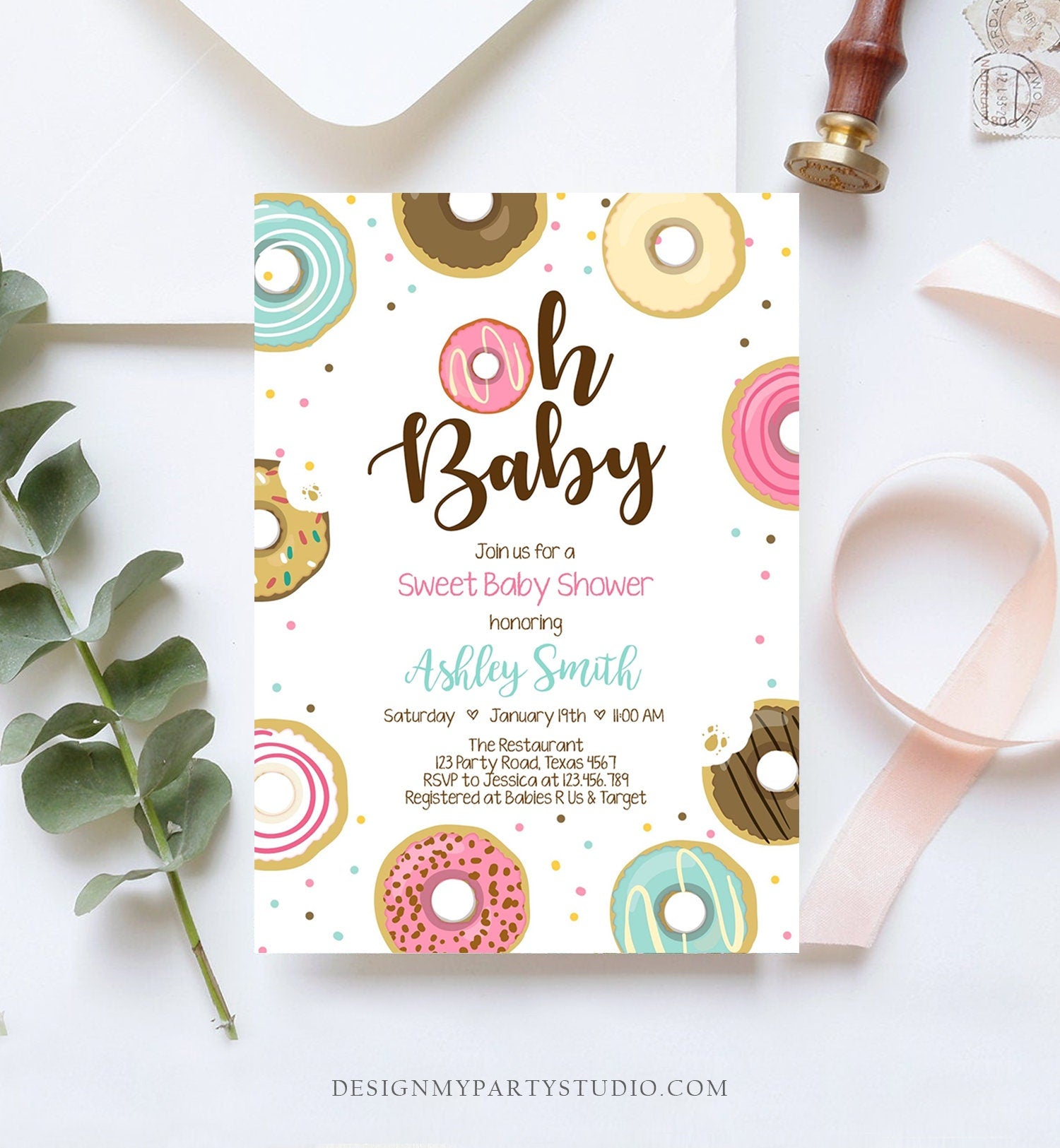 Editable Donut Baby Shower Invitation Oh Baby Coed Shower Doughnut Sweet Gender Neutral Pink Girl Download Corjl Template Printable 0050