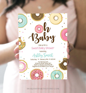 Editable Donut Baby Shower Invitation Oh Baby Coed Shower Doughnut Sweet Gender Neutral Pink Girl Download Corjl Template Printable 0050