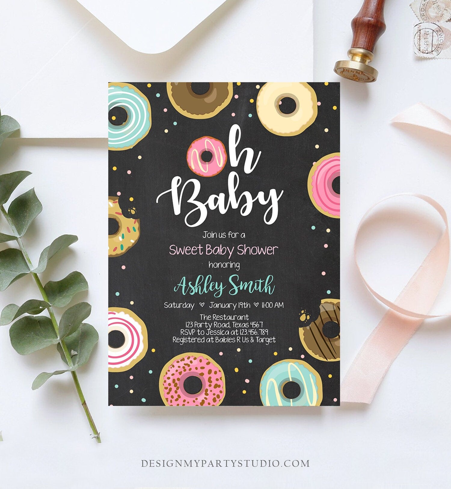 Editable Donut Baby Shower Invitation Oh Baby Coed Shower Doughnut Sweet Chalk Gender Neutral Pink Girl Corjl Template Printable 0050
