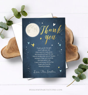 Editable Baby Shower Thank you Card Loved to the Moon and Back Moon Stars Gold Navy Moon Baby Shower Template Instant Download Corjl 0017