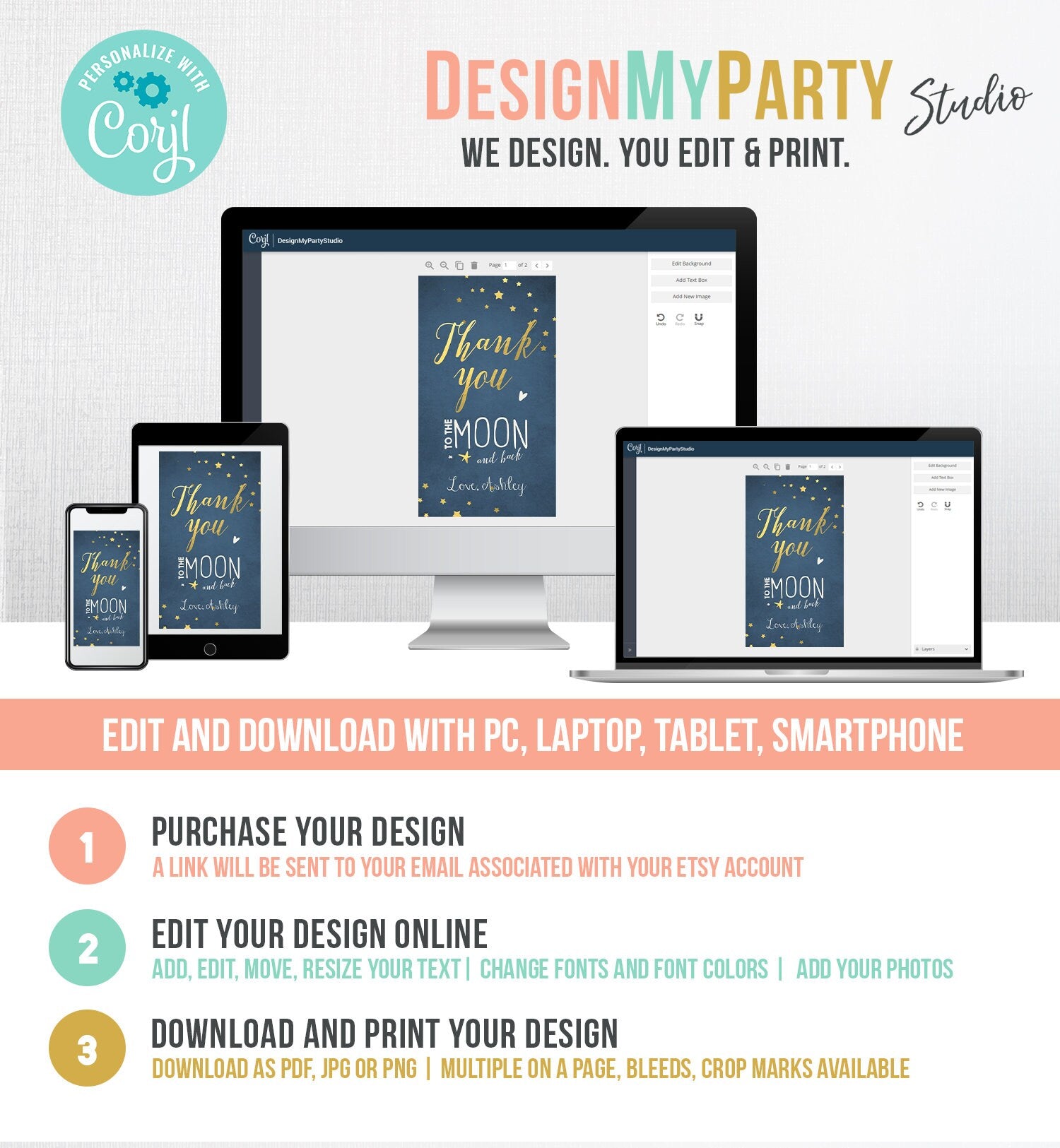 Editable Thank you Tags To the Moon and Back Baby Shower Favor tags Twinkle Twinkle Moon Shower Gold Navy Little Star Corjl Template 0017