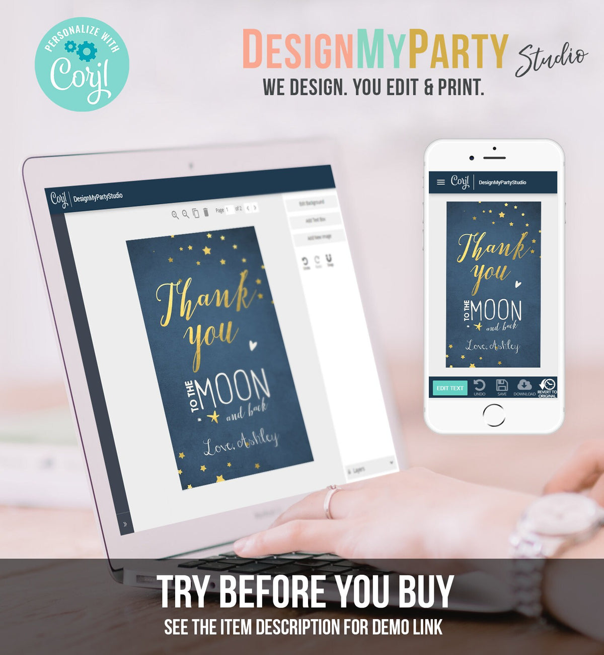 Editable Thank you Tags To the Moon and Back Baby Shower Favor tags Twinkle Twinkle Moon Shower Gold Navy Little Star Corjl Template 0017