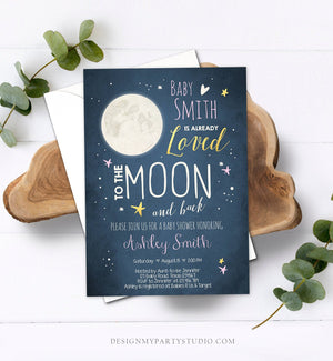 Editable Baby Shower Invitation Love You to the Moon and Back Moon Invitation Girl Gold Navy Invite Template Instant Download Corjl 0017
