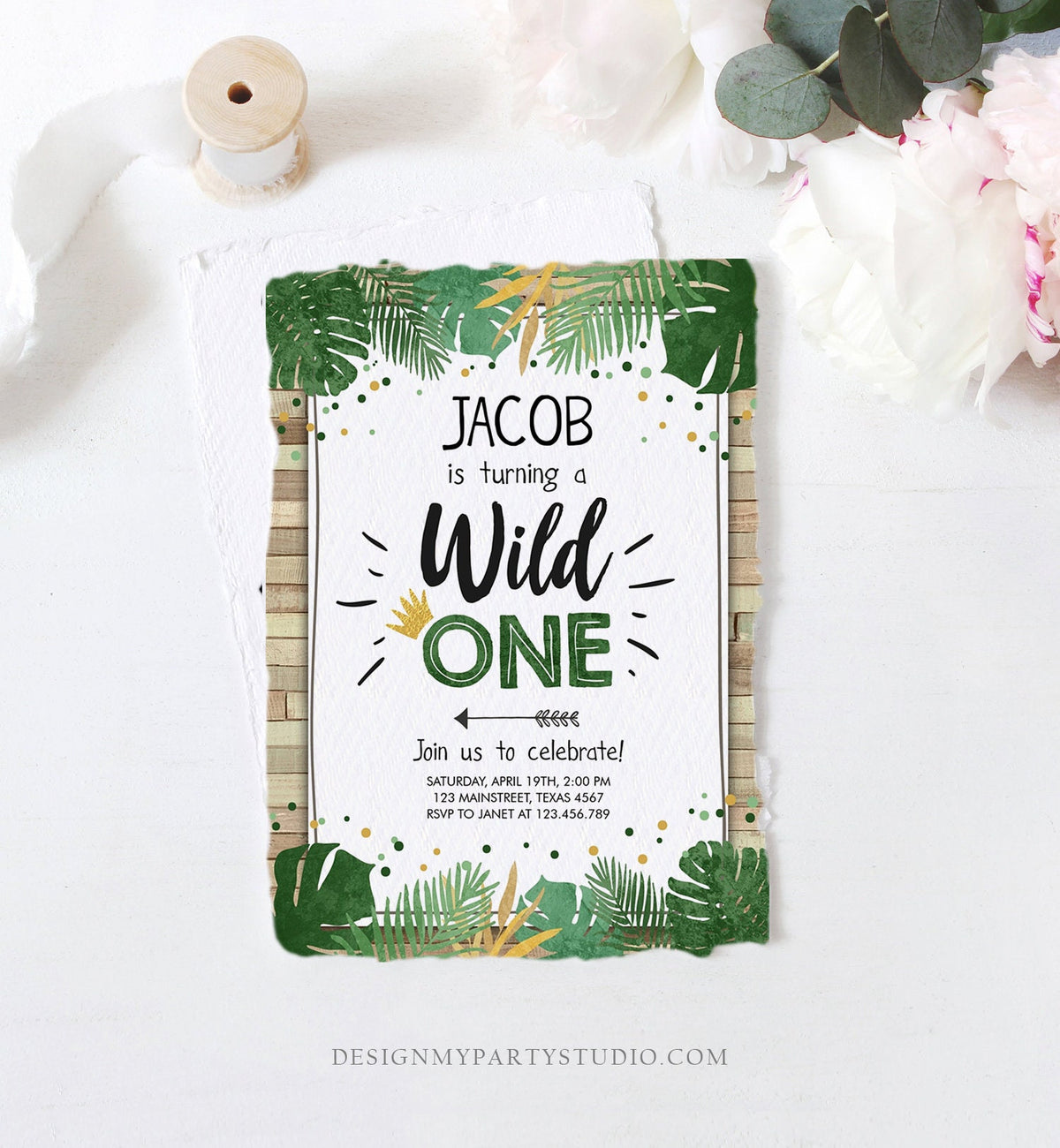 Editable Wild One Birthday Invitation Safari Jungle Boy Gold First Birthday 1st Wood Leaves Instant Download Corjl Template Printable 0332