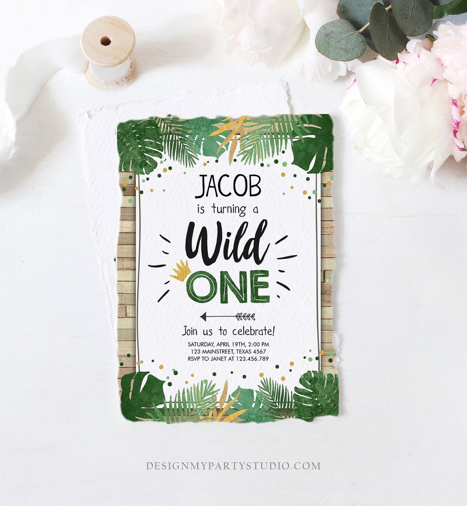 Editable Wild One Birthday Invitation Safari Jungle Boy Gold First Birthday 1st Wood Leaves Instant Download Corjl Template Printable 0332