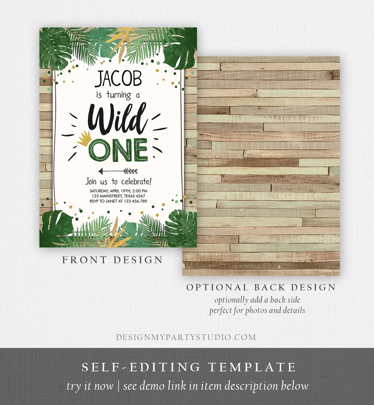Editable Wild One Birthday Invitation Safari Jungle Boy Gold First Birthday 1st Wood Leaves Instant Download Corjl Template Printable 0332