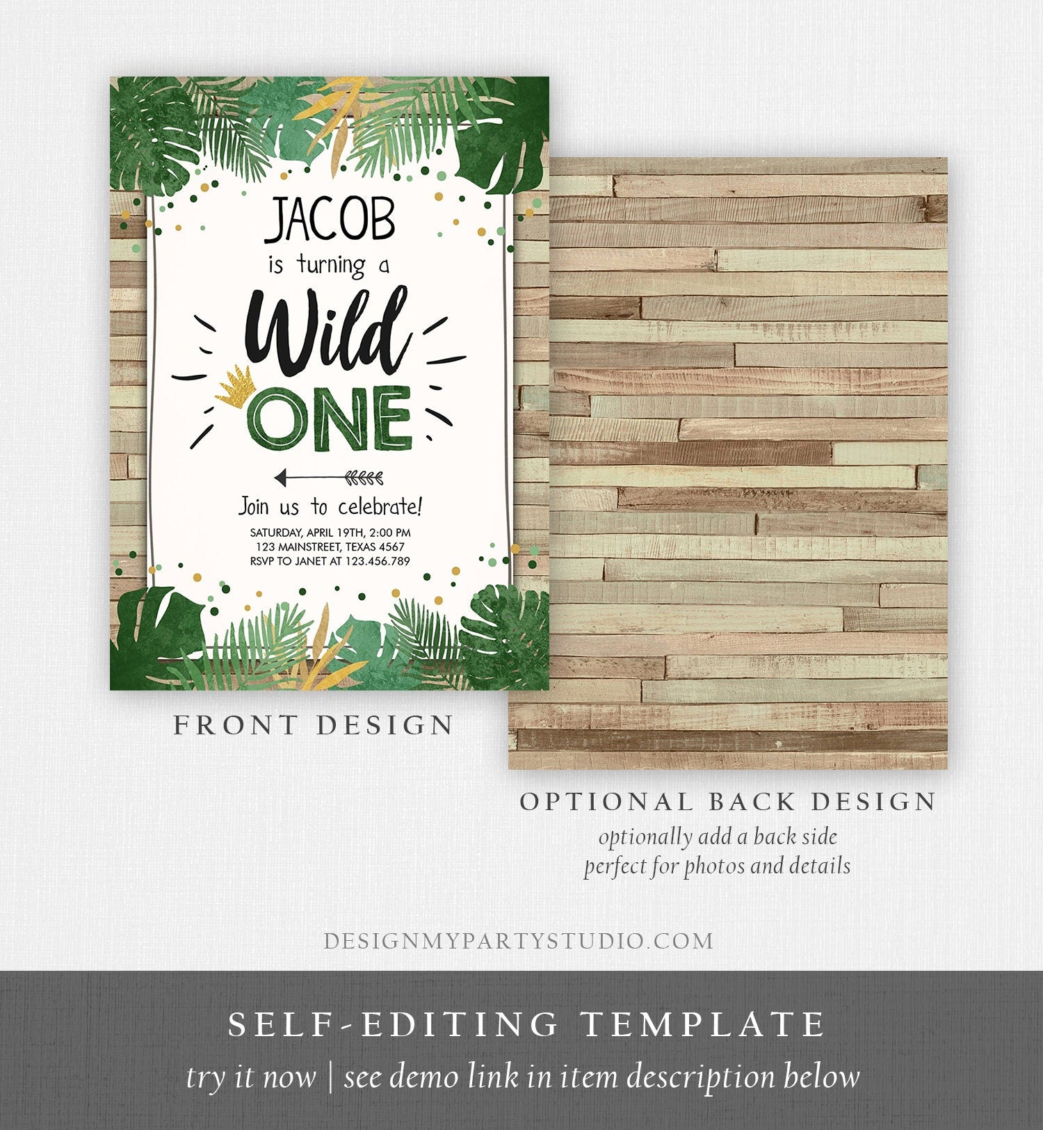 Editable Wild One Birthday Invitation Safari Jungle Boy Gold First Birthday 1st Wood Leaves Instant Download Corjl Template Printable 0332