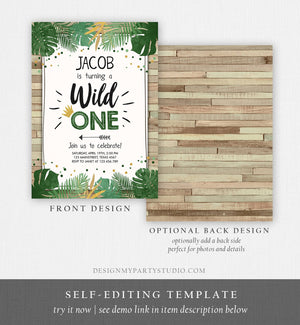 Editable Wild One Birthday Invitation Safari Jungle Boy Gold First Birthday 1st Wood Leaves Instant Download Corjl Template Printable 0332