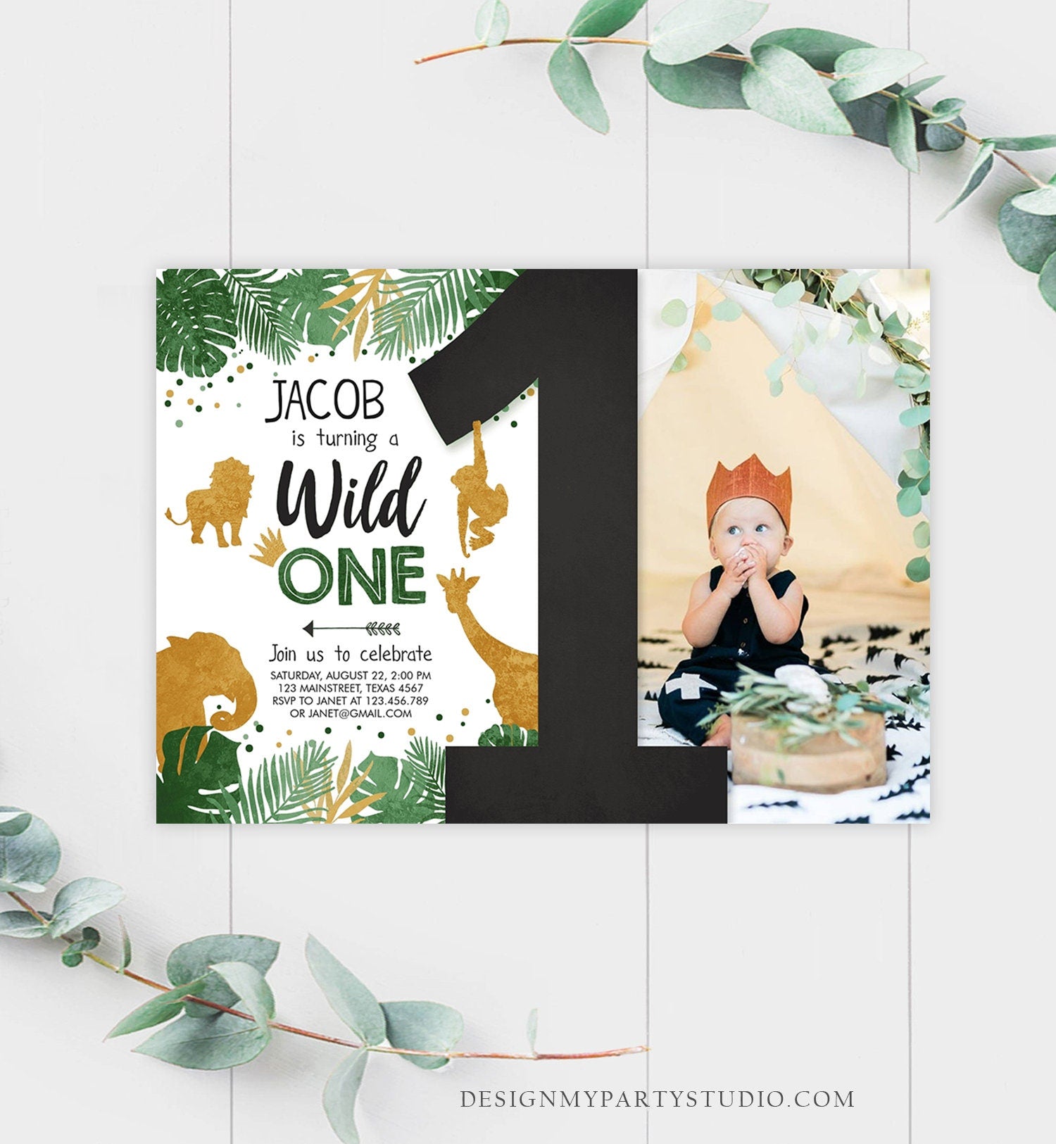 Editable Wild One Birthday Invitation Safari Jungle Boy Gold First Birthday 1st Rustic Leaves Photo Download Corjl Template Printable 0016
