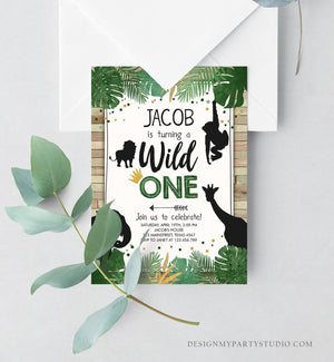 Editable Wild One Birthday Invitation Safari Animals Jungle Boy Gold First Birthday 1st Rustic Leaves Download Corjl Template Printable 0016