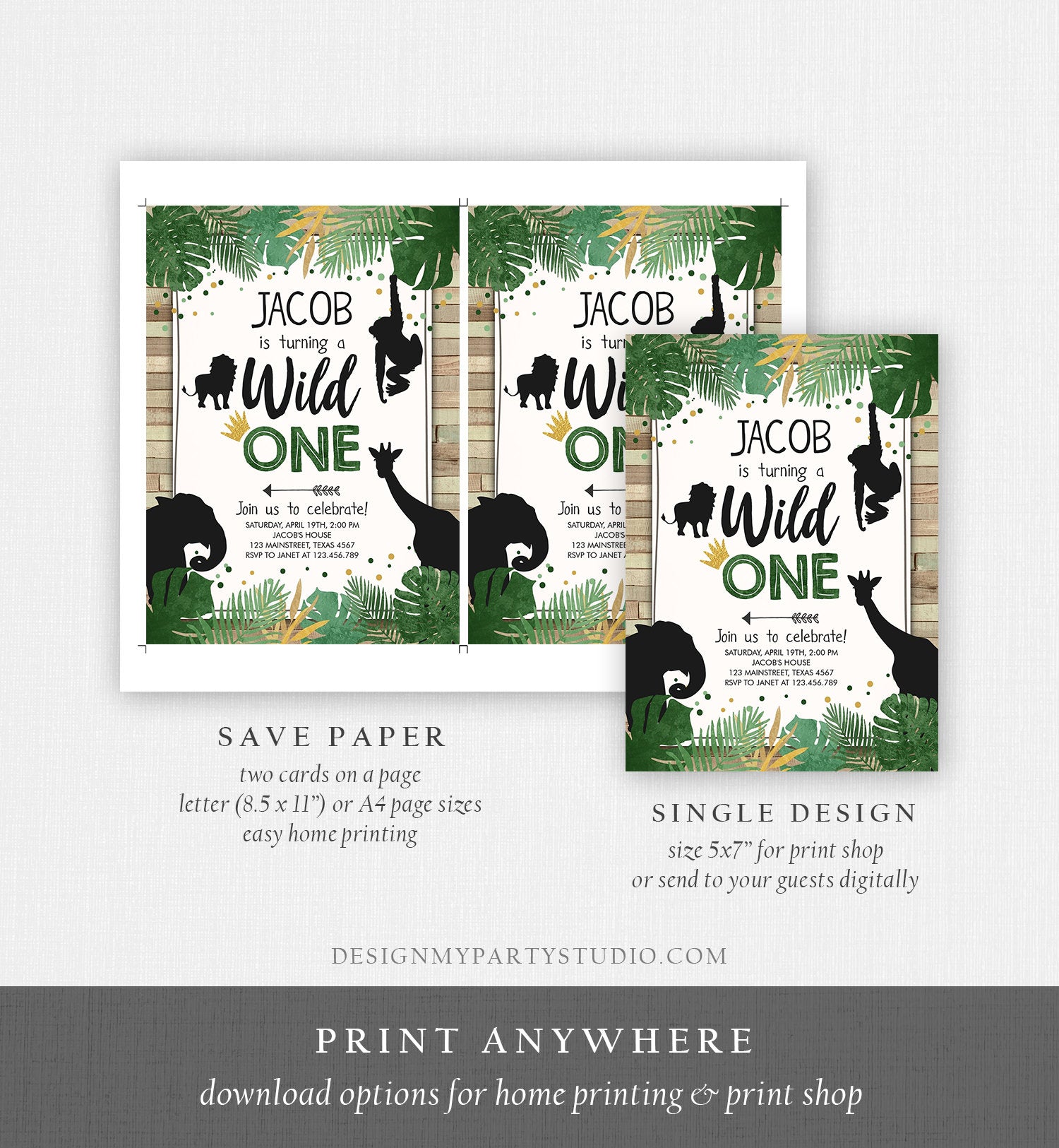Editable Wild One Birthday Invitation Safari Animals Jungle Boy Gold F - Design My Party Studio editable-wild-one-birthday-invitation-safari-animals-jungle-boy-gold-f-design-my-party-studio