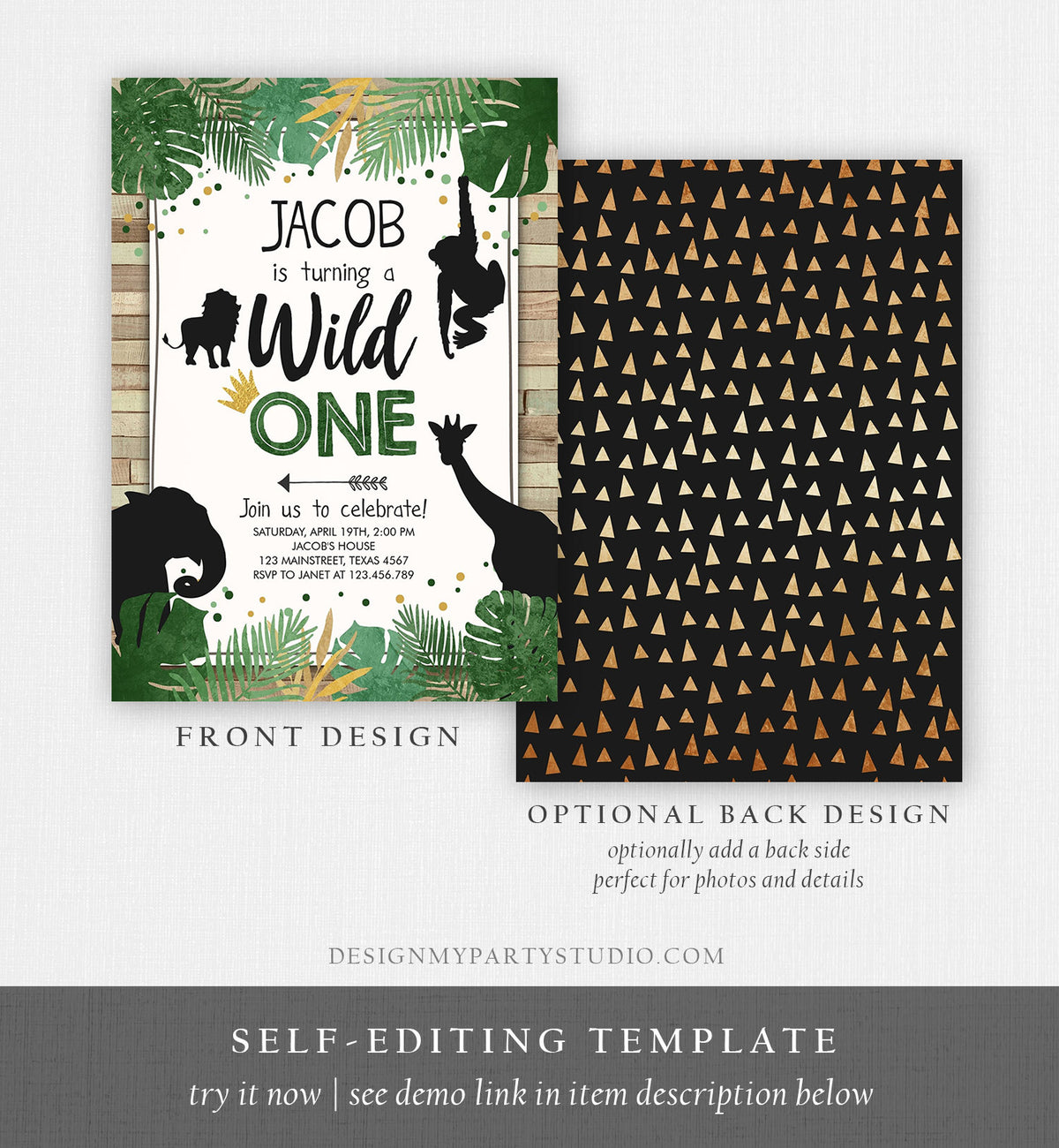 Editable Wild One Birthday Invitation Safari Animals Jungle Boy Gold First Birthday 1st Rustic Leaves Download Corjl Template Printable 0016