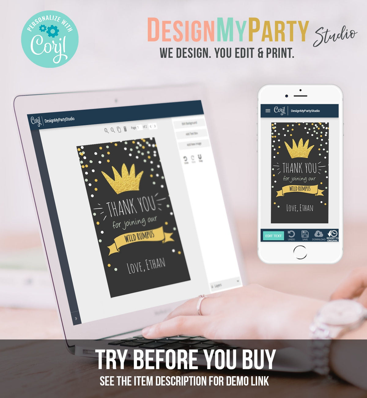 Editable Wild Things Favor tags Wild One Thank you tags Label tags Black Gold Crown Boy 1st Birthday Gift tags Thank you Template Corjl 0099