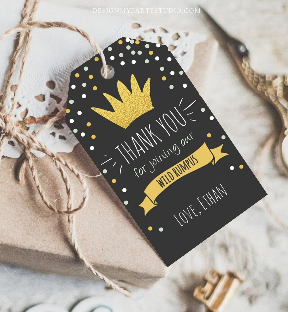 Editable Wild Things Favor tags Wild One Thank you tags Label tags Black Gold Crown Boy 1st Birthday Gift tags Thank you Template Corjl 0099